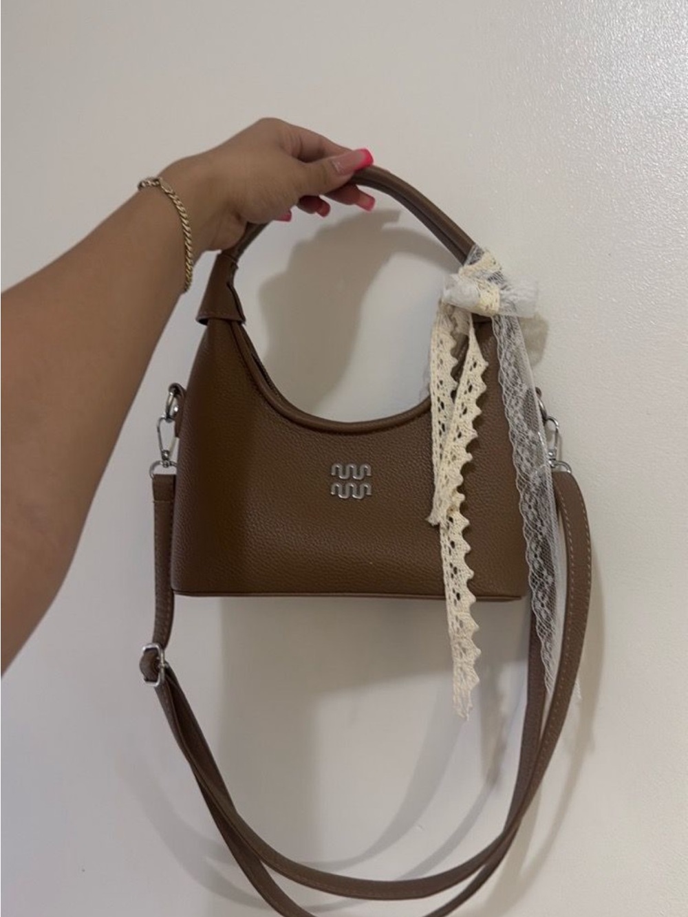 Fashion Nova Brown Structured Shoulder Bag with Lace Scarf